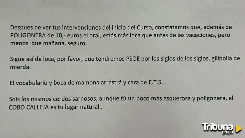 "Poligonera de 10 euros el oral, loca y asquerosa", así es la carta anónima contra Alicia García