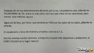 "Poligonera de 10 euros el oral, loca y asquerosa", así es la carta anónima contra Alicia García